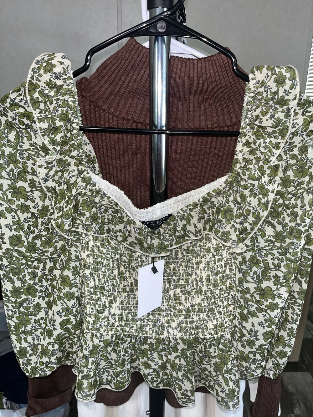 Floral Smocked Ruffle Blouse - Olive Green